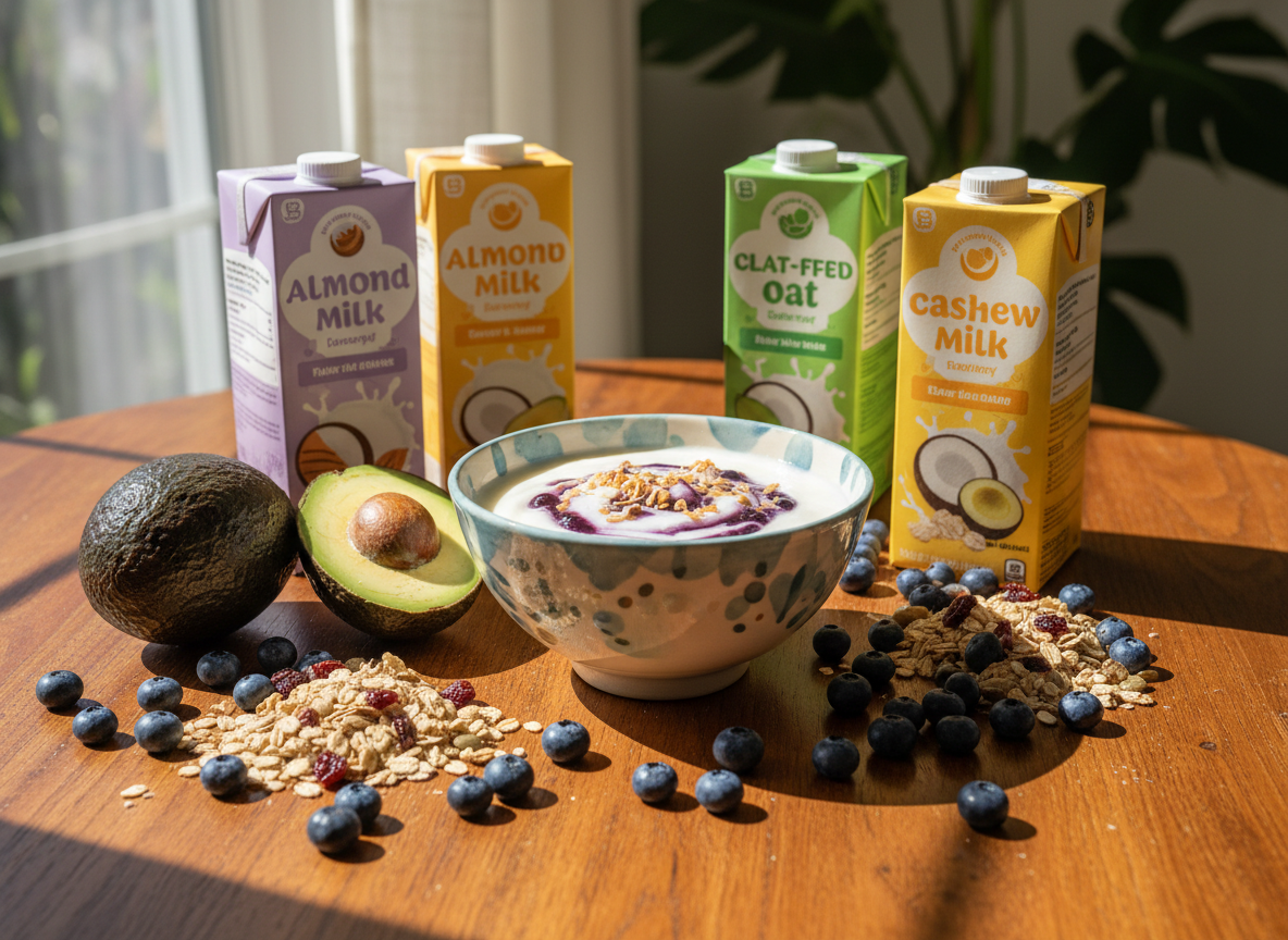Vibrant flat lay of dairy-free pantry staples such as oat milk, coconut yogurt, avocados, nuts, and berries, supporting balanced dairy-free nutrition while breastfeeding.