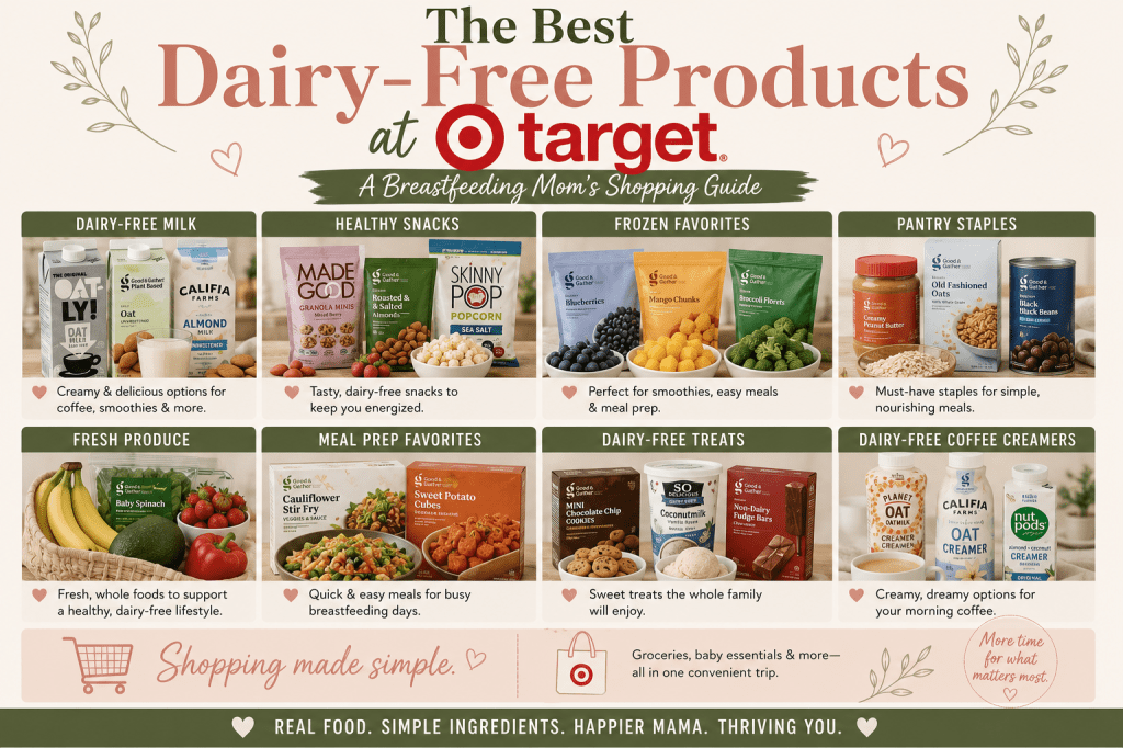 Looking for the best dairy-free products at Target? Discover our favorite plant-based milk, healthy snacks, frozen foods, pantry staples, and grocery finds for breastfeeding moms.